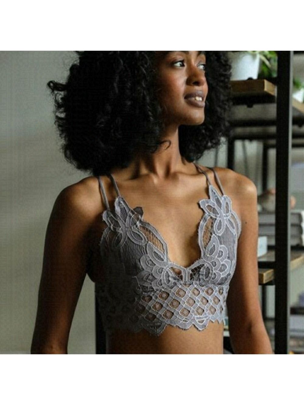 TRÏBE Grey Crochet Lace Longline Boho Bralette Size Small NWT